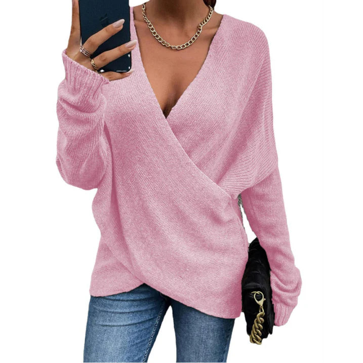 Maddoxa | Warm Knitted Jumper with V-Neck for Women | Grey and Pink