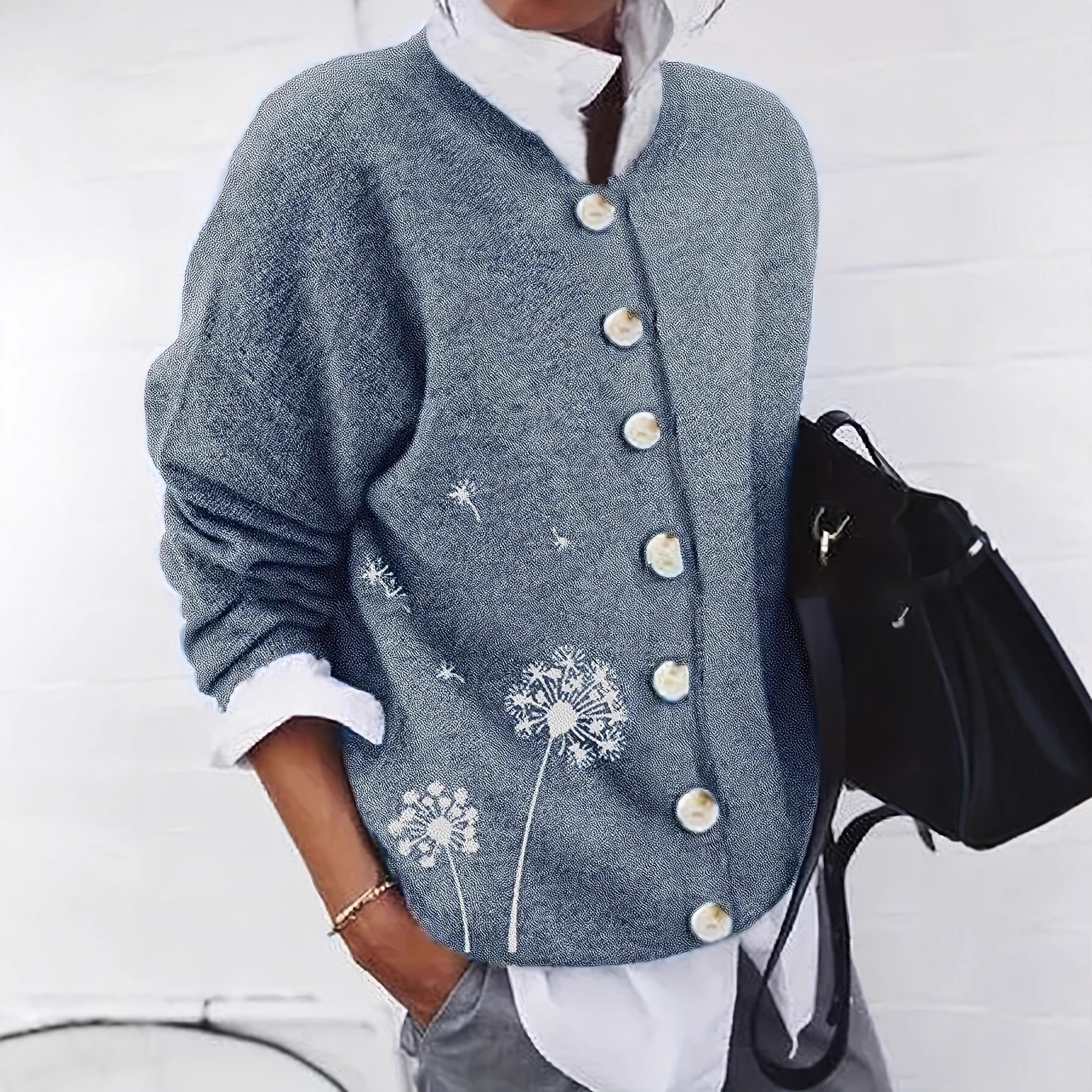 Dandelion Print Cardigan for Women | Button Down Padded Jacket