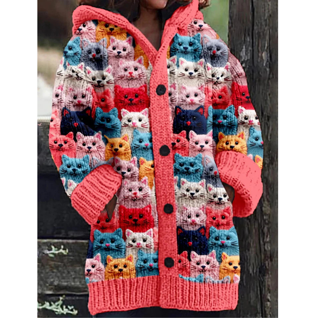 Ladies' Cat Hooded Cardigan | Button Down Padded