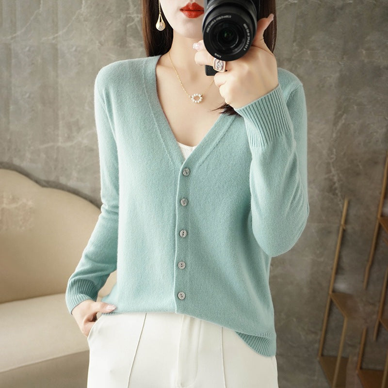 Ladies' Warm Knitted Cardigan with V-Neck | Button Down Collar