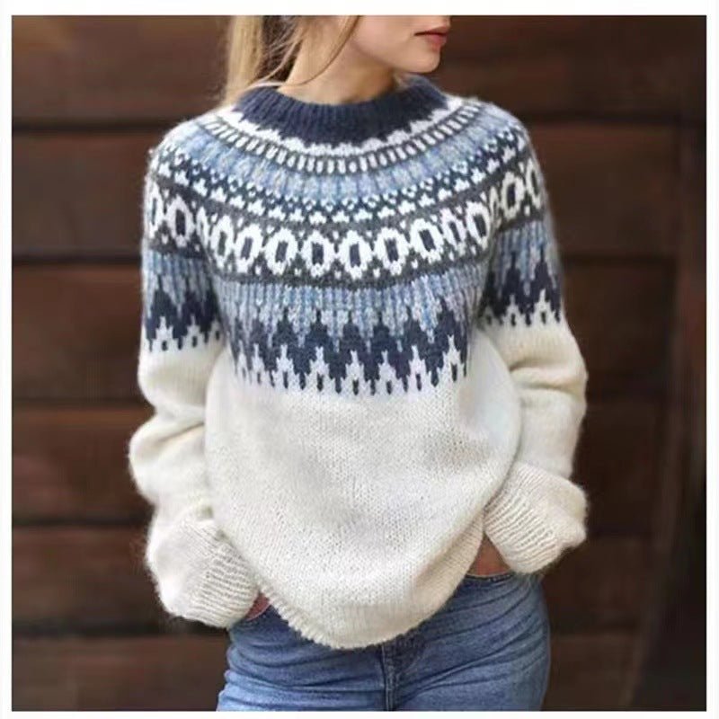 Round Neck Knit Norwegian Jumper for Ladies | Long Sleeve