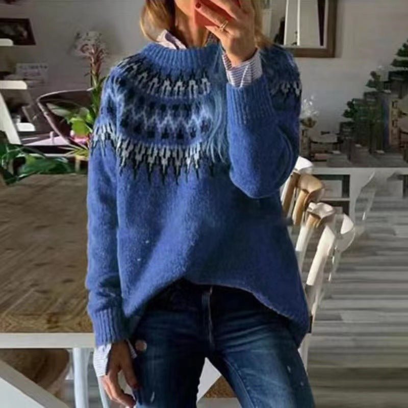 Round Neck Knit Norwegian Jumper for Ladies | Long Sleeve