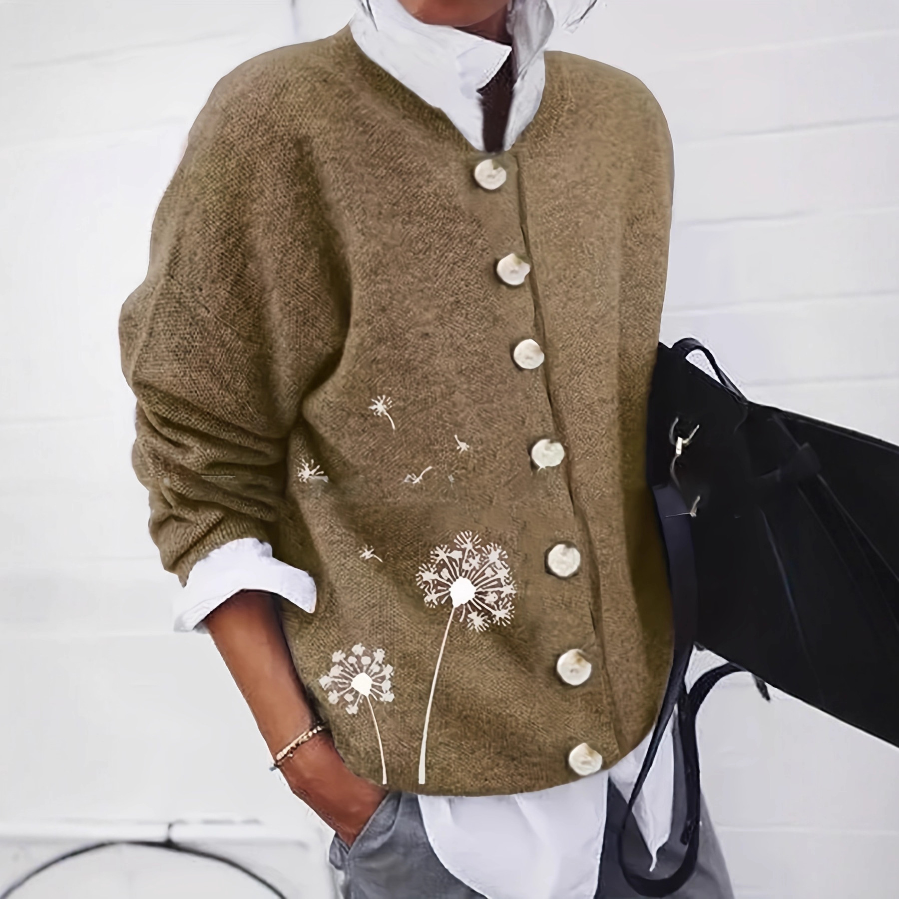 Dandelion Print Cardigan for Women | Button Down Padded Jacket