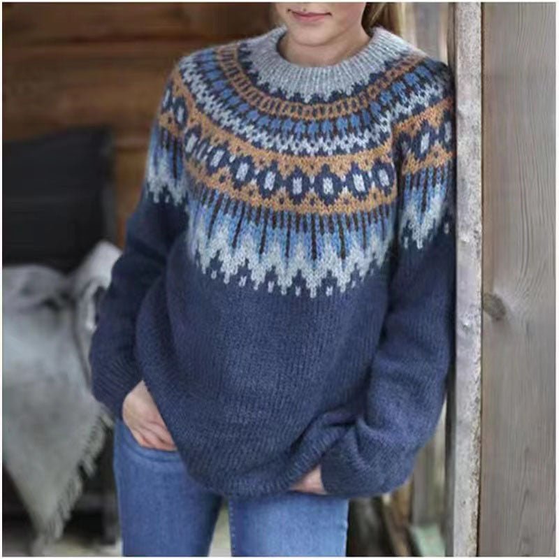 Round Neck Knit Norwegian Jumper for Ladies | Long Sleeve