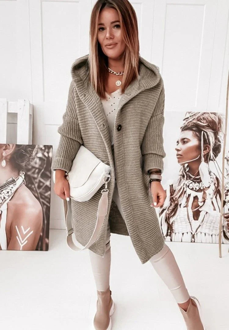 Button Down Padded Knit Hoodie Cardigan for Women | Long