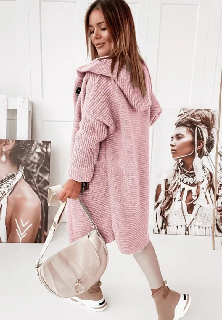 Button Down Padded Knit Hoodie Cardigan for Women | Long