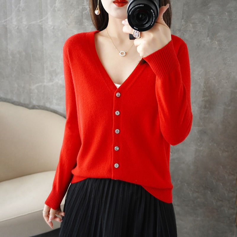 Ladies' Warm Knitted Cardigan with V-Neck | Button Down Collar